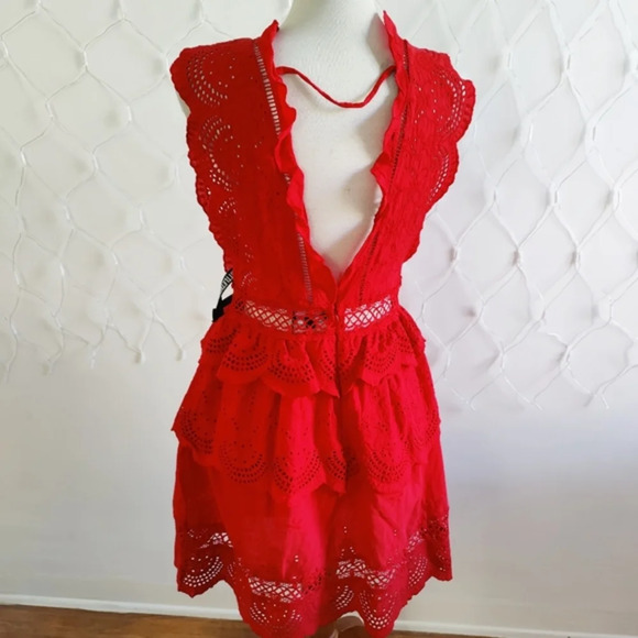 PrettyLittleThing Lace Plunge Dress / Red / Tagged Size 12 - Picture 3 of 7